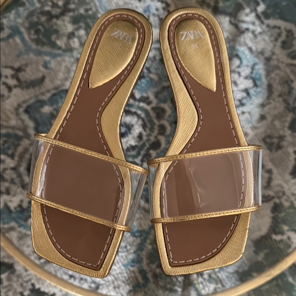 Zara Gold and Brown Women's Slide Sandals